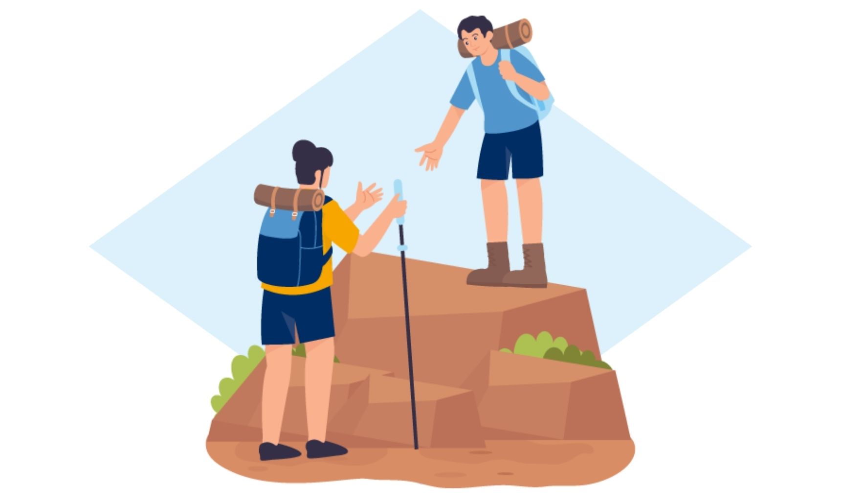 Two hikers on a rock, one standing above helping the other climb up