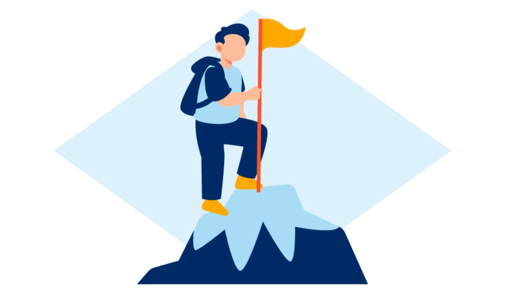 Person with backpack standing on mountain peak holding a flag