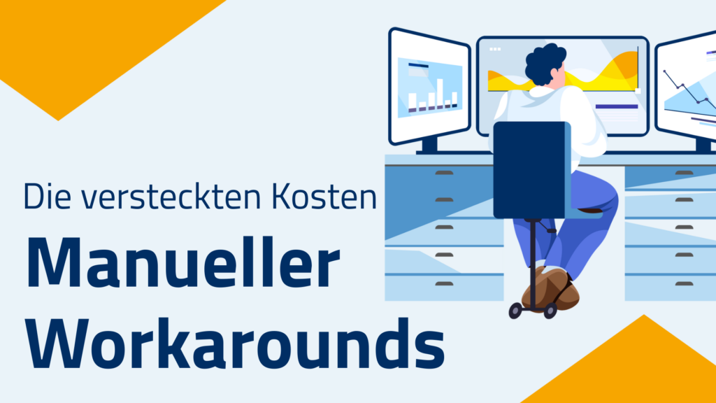 Mitarbeiter analysiert Geschäftsdaten auf mehreren Monitoren – manuelle Workarounds und ineffiziente Prozesse in Finance, Operations und ERP-Systemen.