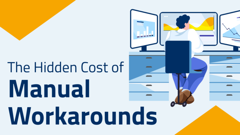 Illustration of an employee analysing business data across multiple screens, representing the hidden cost of manual workarounds in finance and ERP processes.
