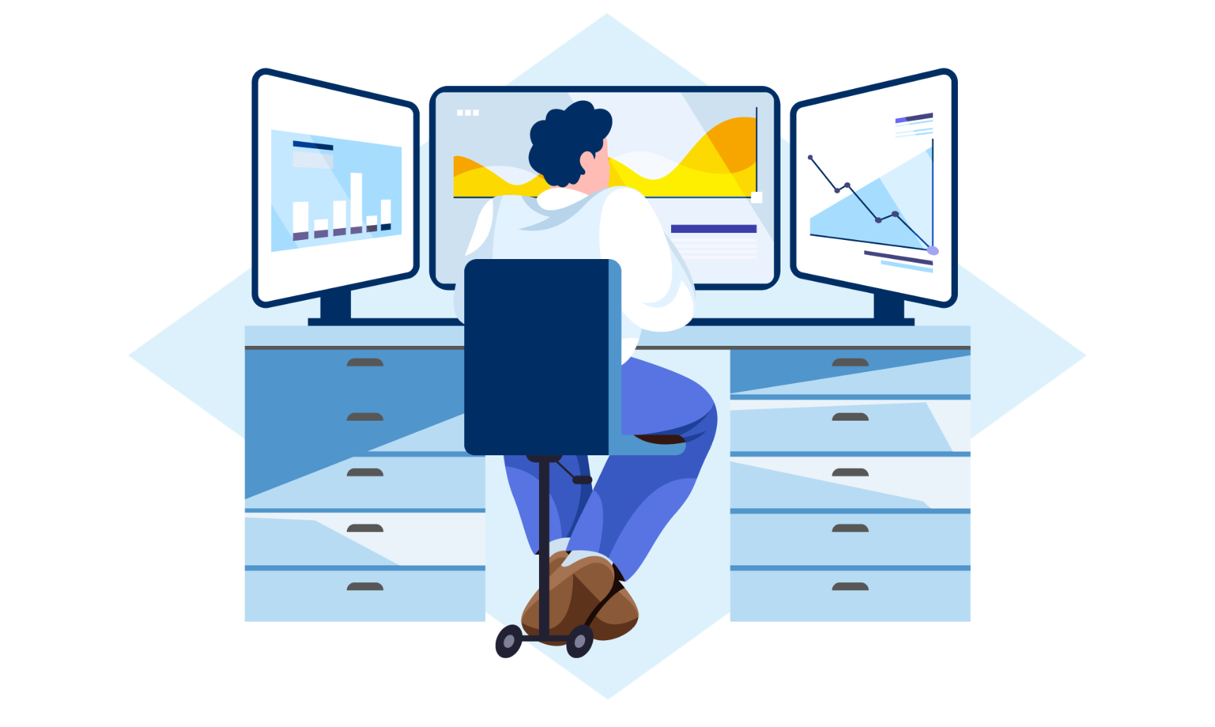 Employee analysing business data across multiple screens, representing the “accepted pain” of inefficient processes and manual workarounds.