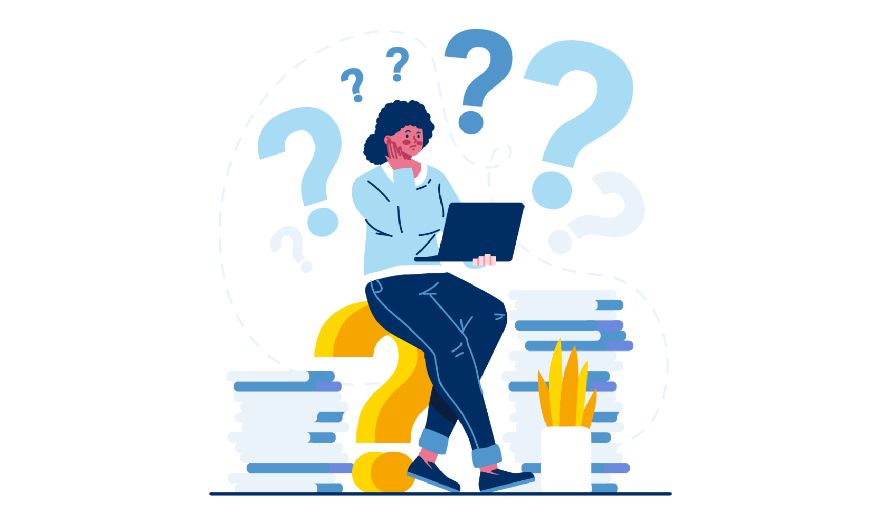 Illustration of a person with a laptop and question marks, representing the key questions to ask during ERP system selection.