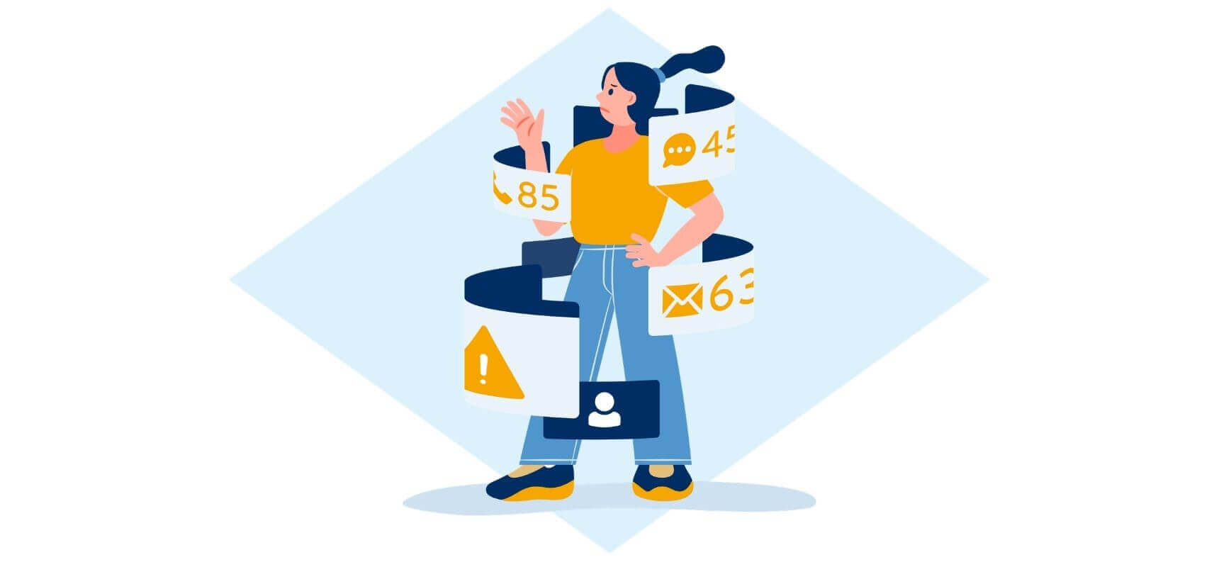 Illustration einer Person zwischen verschiedenen digitalen Benachrichtigungen und Anwendungen