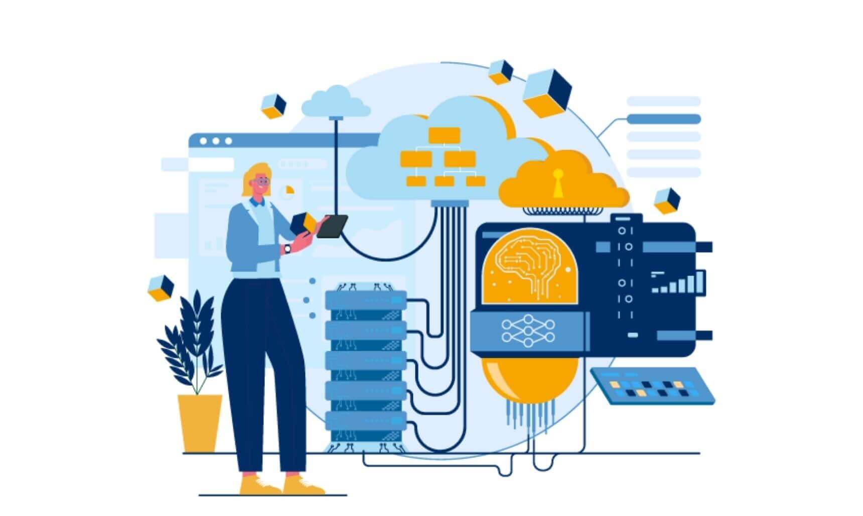 Illustration of an employee analysing data across multiple screens