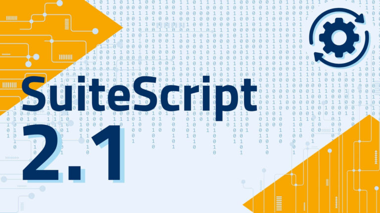SuiteScript 2.1 upgrade – illustration with gear icon, binary code, and digital circuits